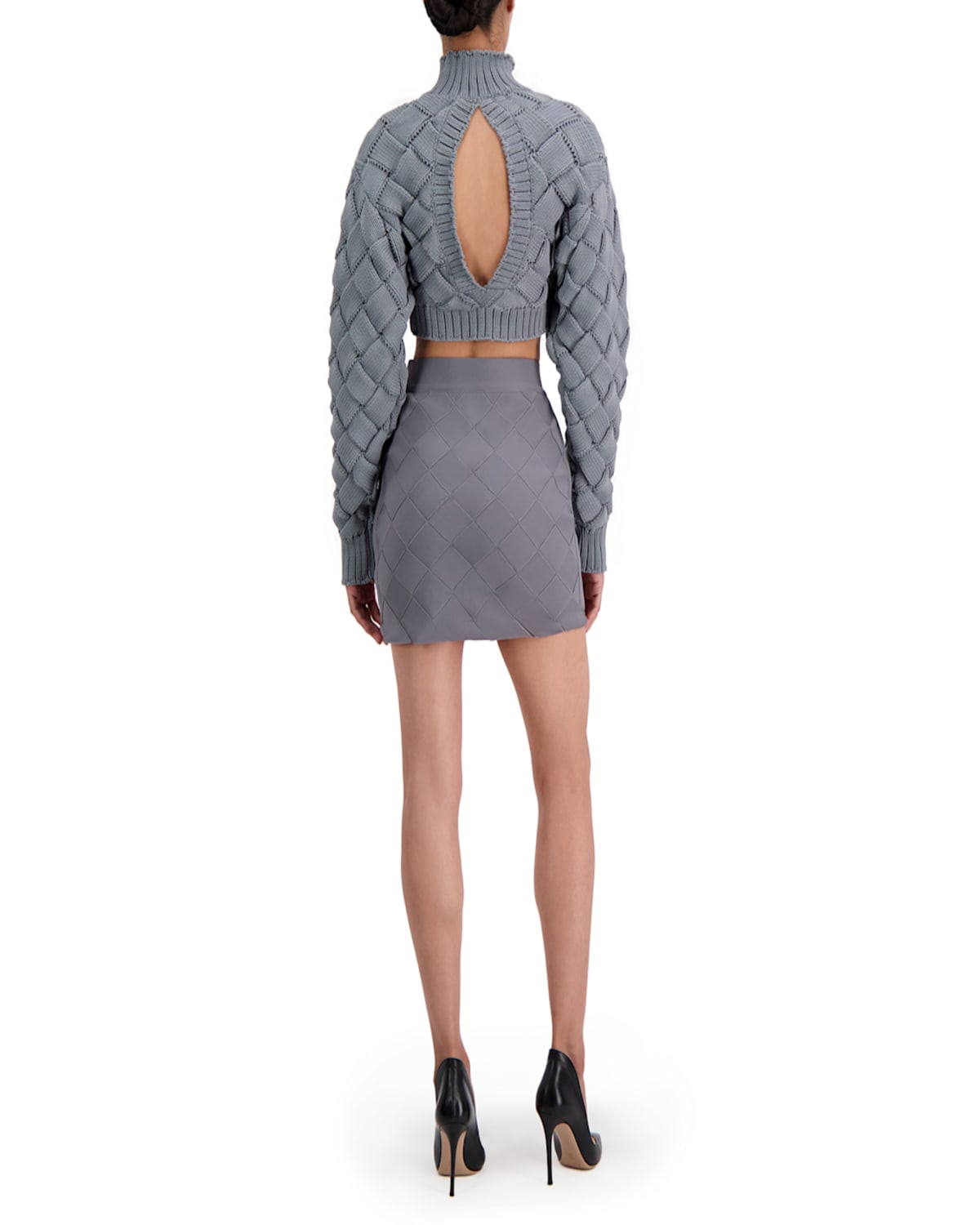 Herve Leger Cropped Cutout Knitted Turtleneck Sweater In Stone