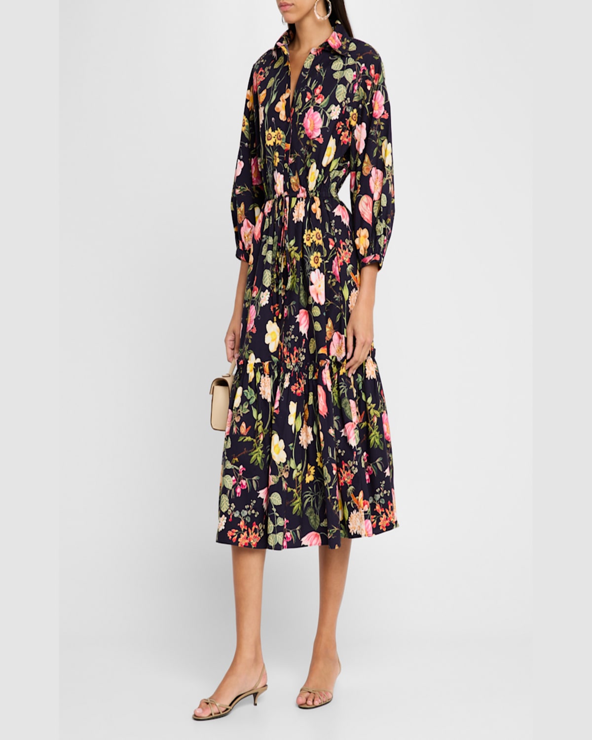 Cara Cara Hutton Puff-sleeve Midi Shirtdress In Stems Evening Blue