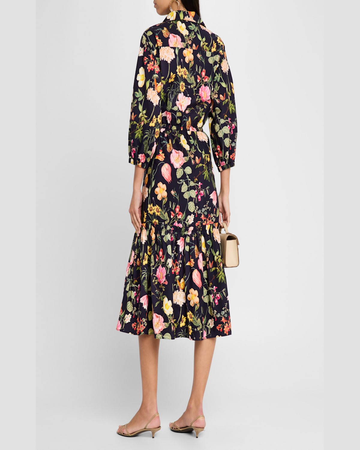 Cara Cara Hutton Puff-sleeve Midi Shirtdress In Stems Evening Blue
