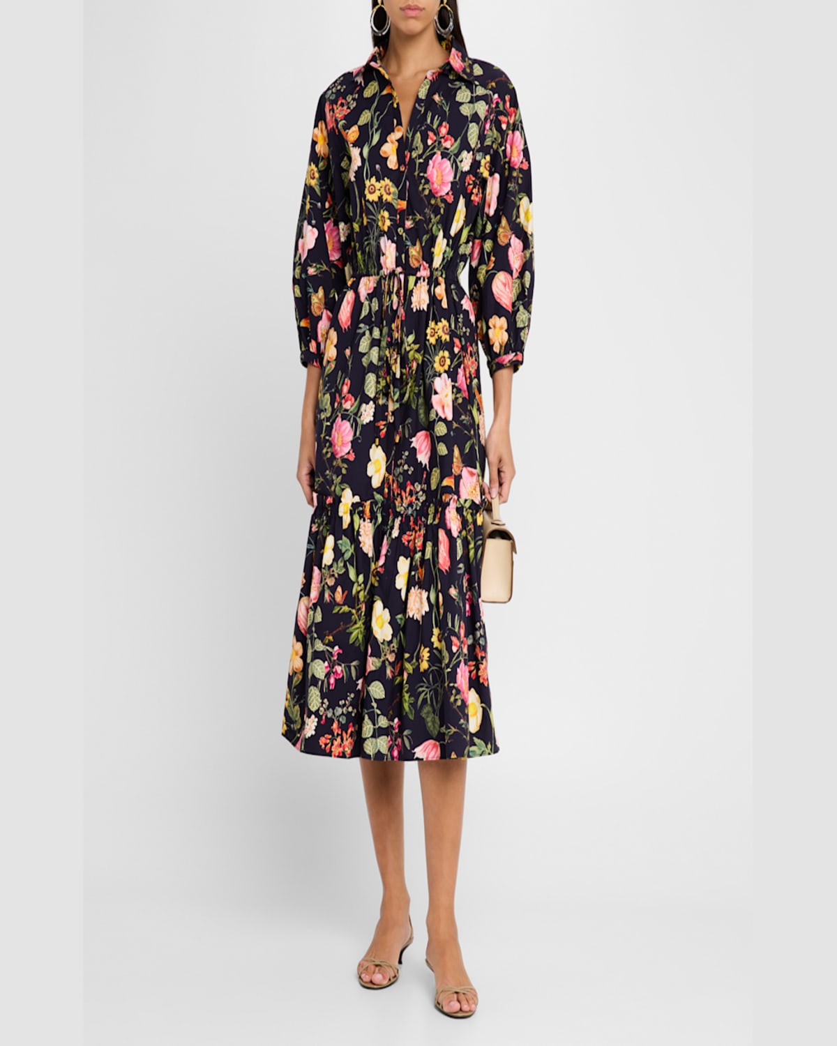 Cara Cara Hutton Puff-sleeve Midi Shirtdress In Stems Evening Blue