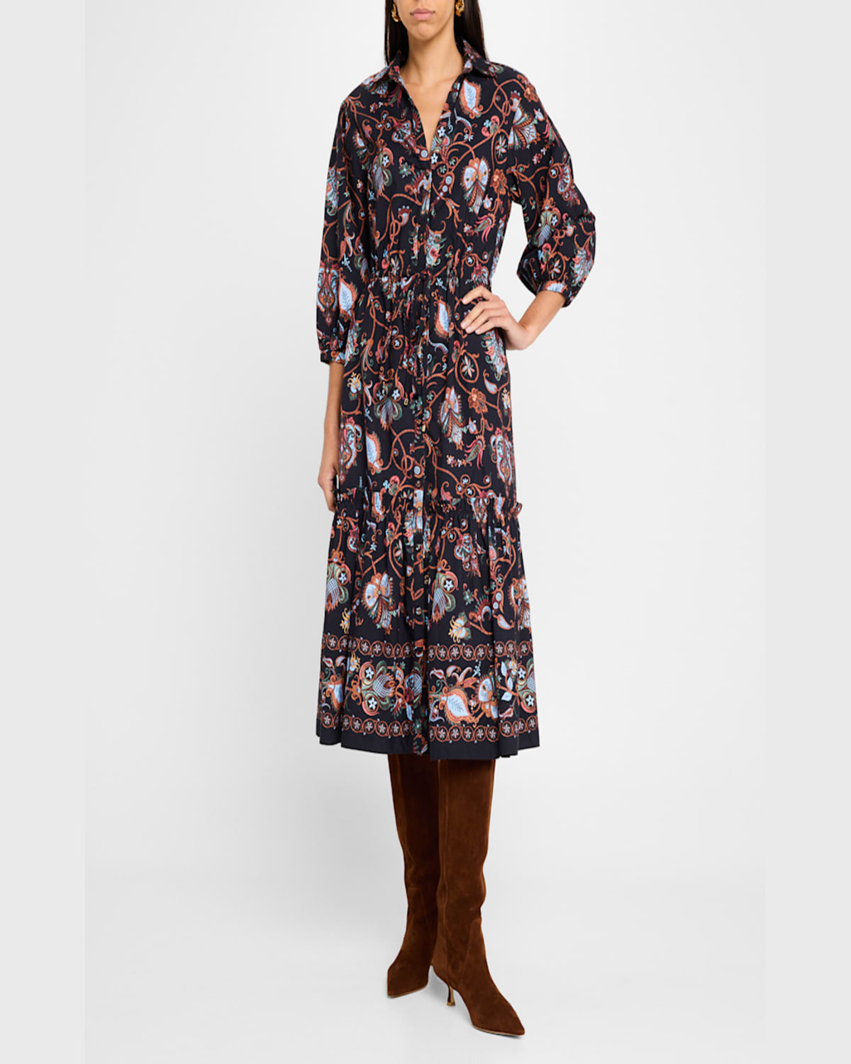 Cara Cara Hutton Puff-sleeve Midi Shirtdress In Stems Evening Blue