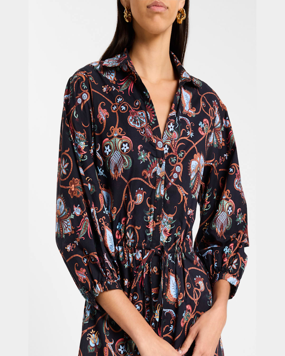 Cara Cara Hutton Puff-sleeve Midi Shirtdress In Stems Evening Blue