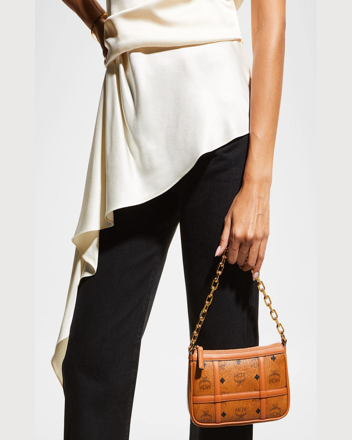 Mcm Delmy Visetos Mini Logo Chain Shoulder Bag In Cognac