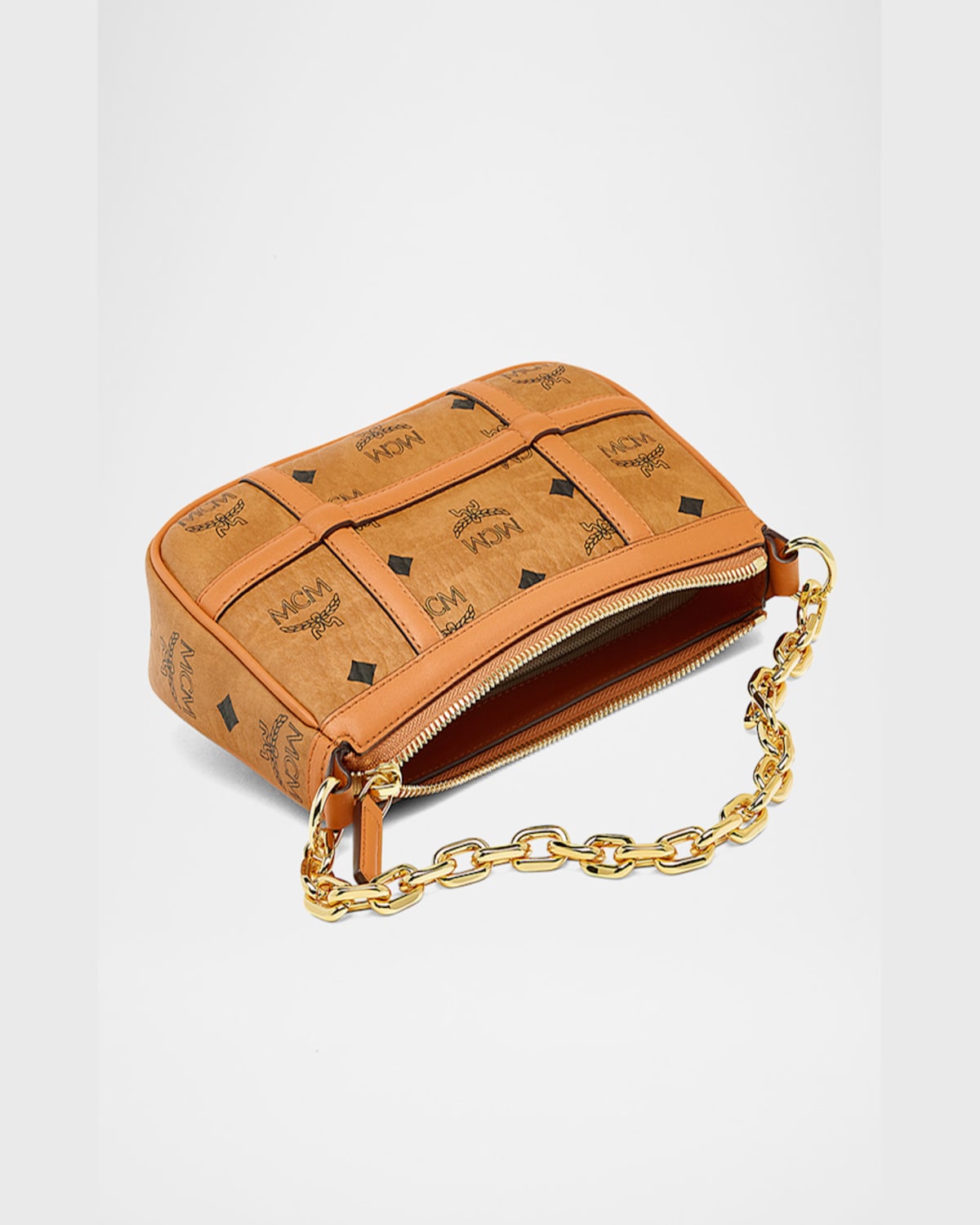 Mcm Delmy Visetos Mini Logo Chain Shoulder Bag In Cognac