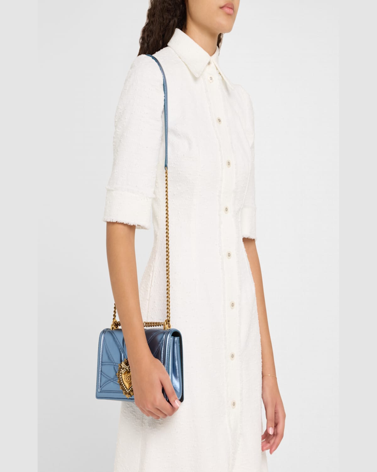 Dolce & Gabbana Devotion Medium Quilted Metallic Chain Shoulder Bag In Blu Chiaro Laminato