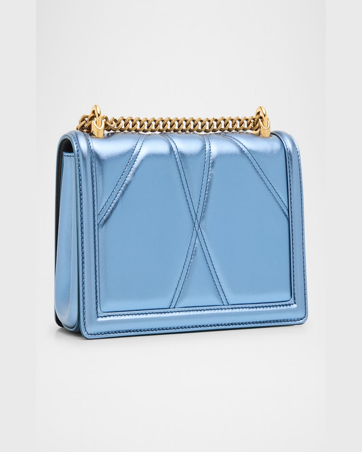 Dolce & Gabbana Devotion Medium Quilted Metallic Chain Shoulder Bag In Blu Chiaro Laminato