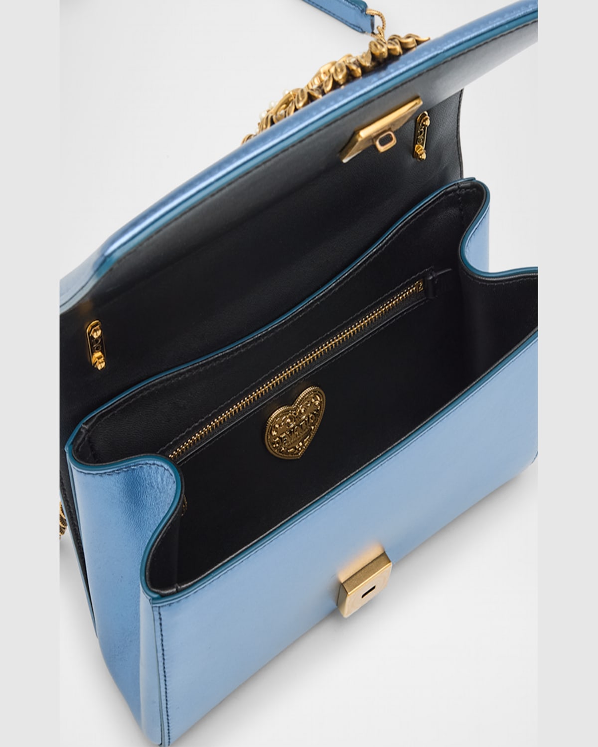 Dolce & Gabbana Devotion Medium Quilted Metallic Chain Shoulder Bag In Blu Chiaro Laminato