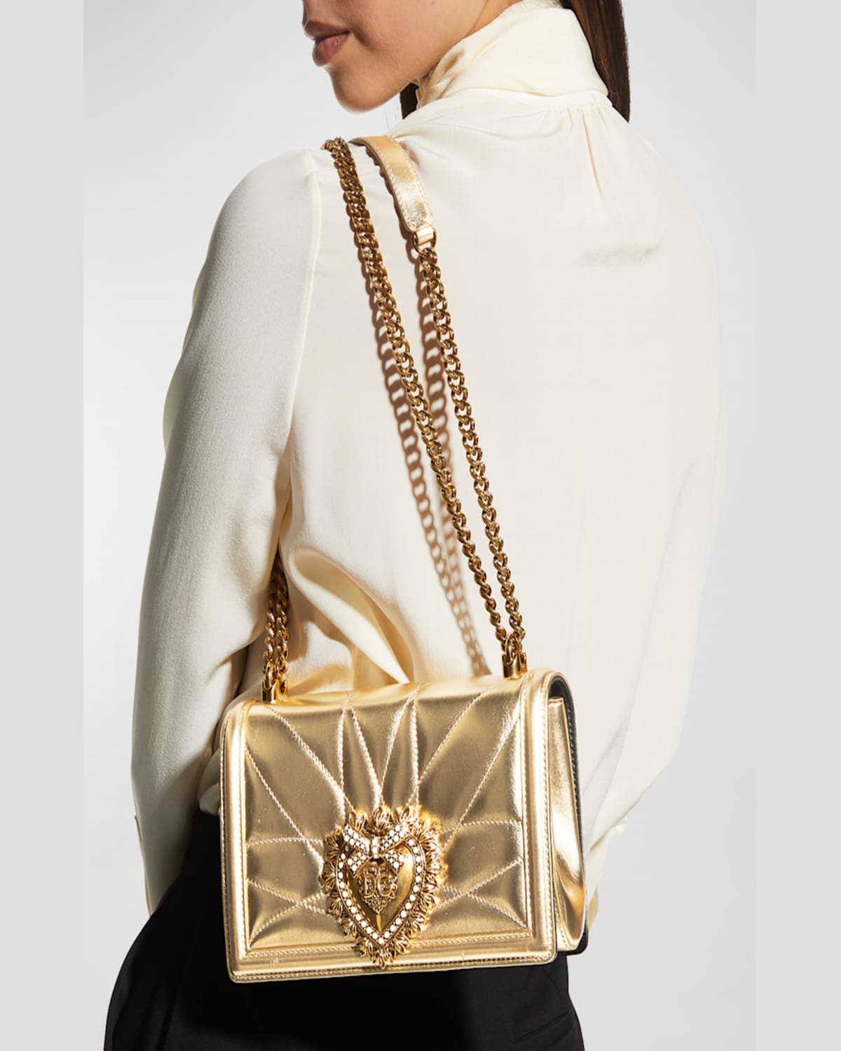Dolce & Gabbana Devotion Medium Quilted Metallic Chain Shoulder Bag In Blu Chiaro Laminato