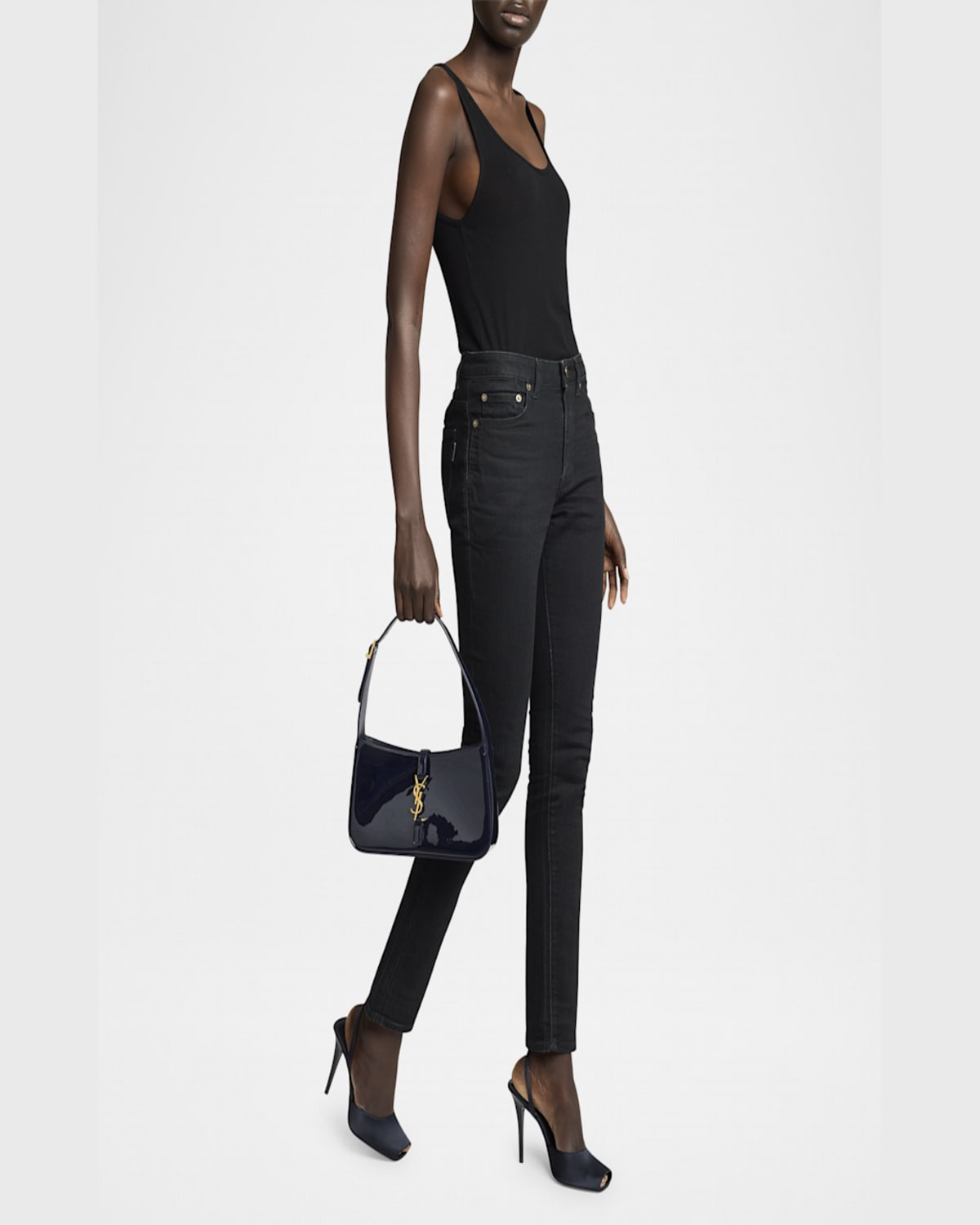 Saint Laurent Le 5 A 7 Ysl Shoulder Bag In Patent Leather In Midnight Blue