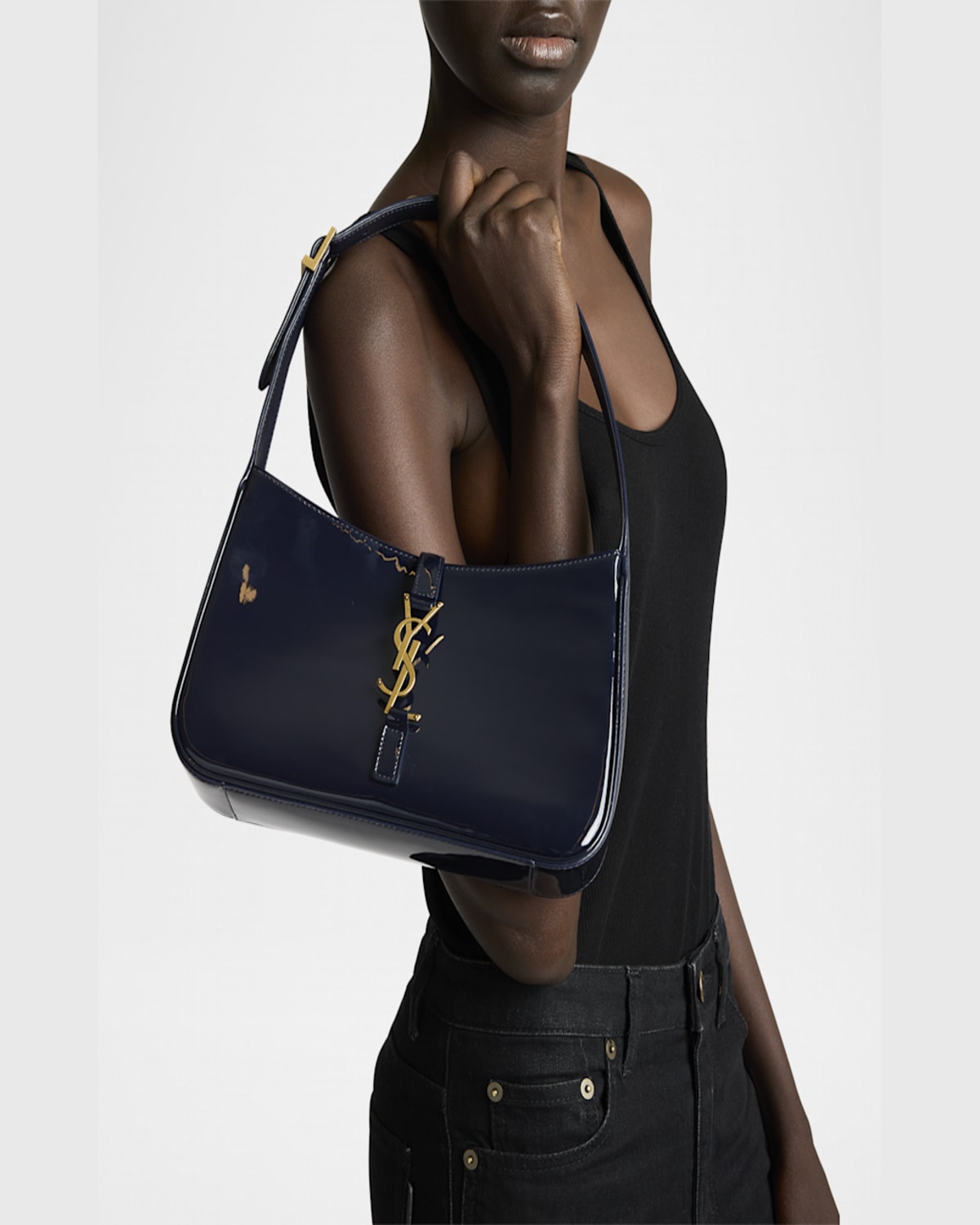 Saint Laurent Le 5 A 7 Ysl Shoulder Bag In Patent Leather In Midnight Blue