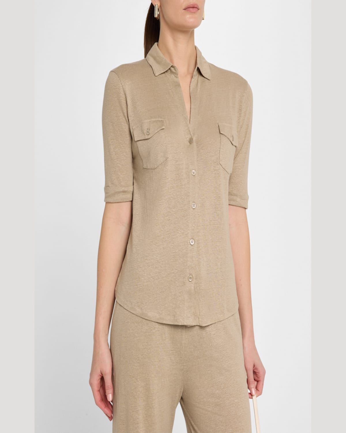 Majestic Stretch Linen 3/4-sleeve Pocket Shirt In Sable