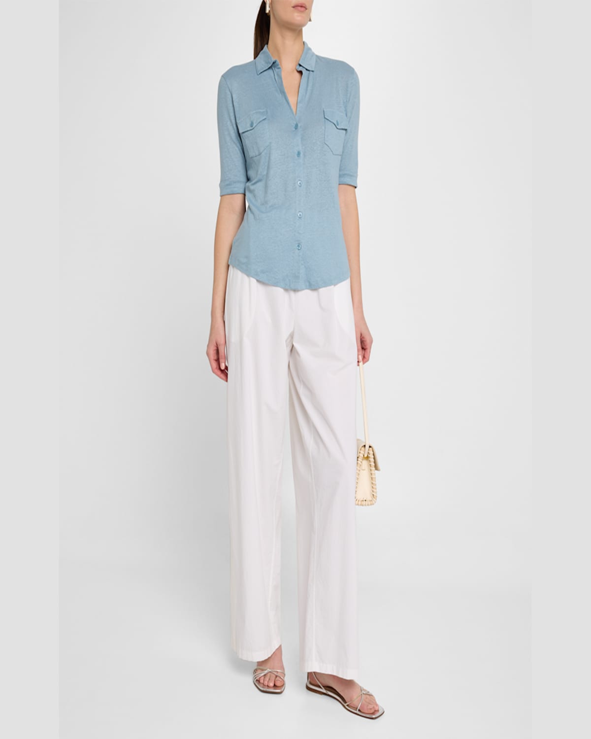 Majestic Stretch Linen 3/4-sleeve Pocket Shirt In Ocean