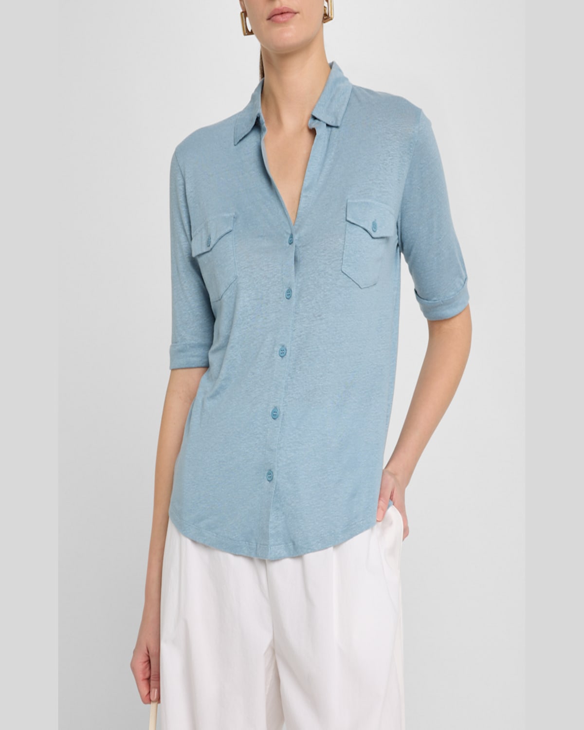 Majestic Stretch Linen 3/4-sleeve Pocket Shirt In Ocean