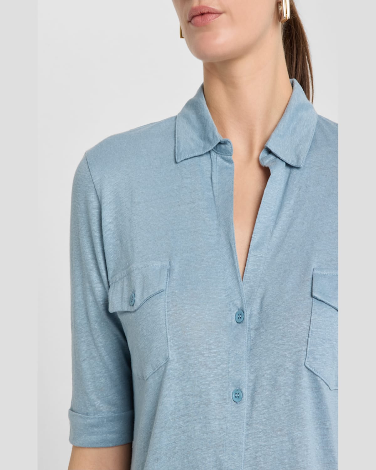 Majestic Stretch Linen 3/4-sleeve Pocket Shirt In Ocean