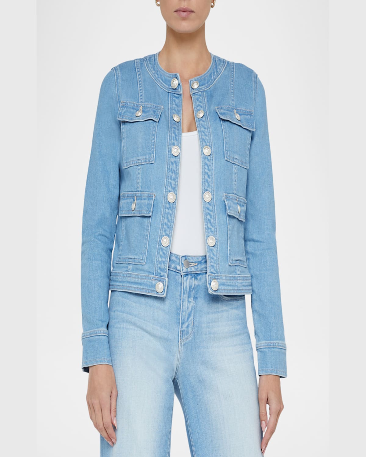 L Agence Yari Faded Collarless Denim Jacket In Euclid