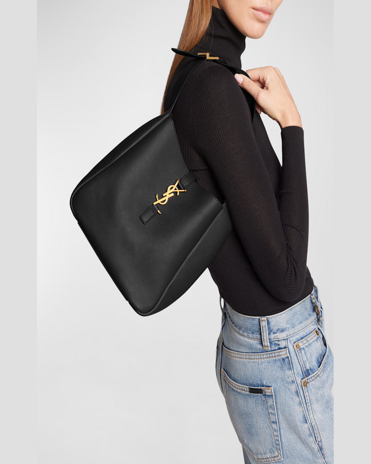 Saint Laurent Le 5 A 7 Ysl Small Hobo In Smooth Supple Leather In Black