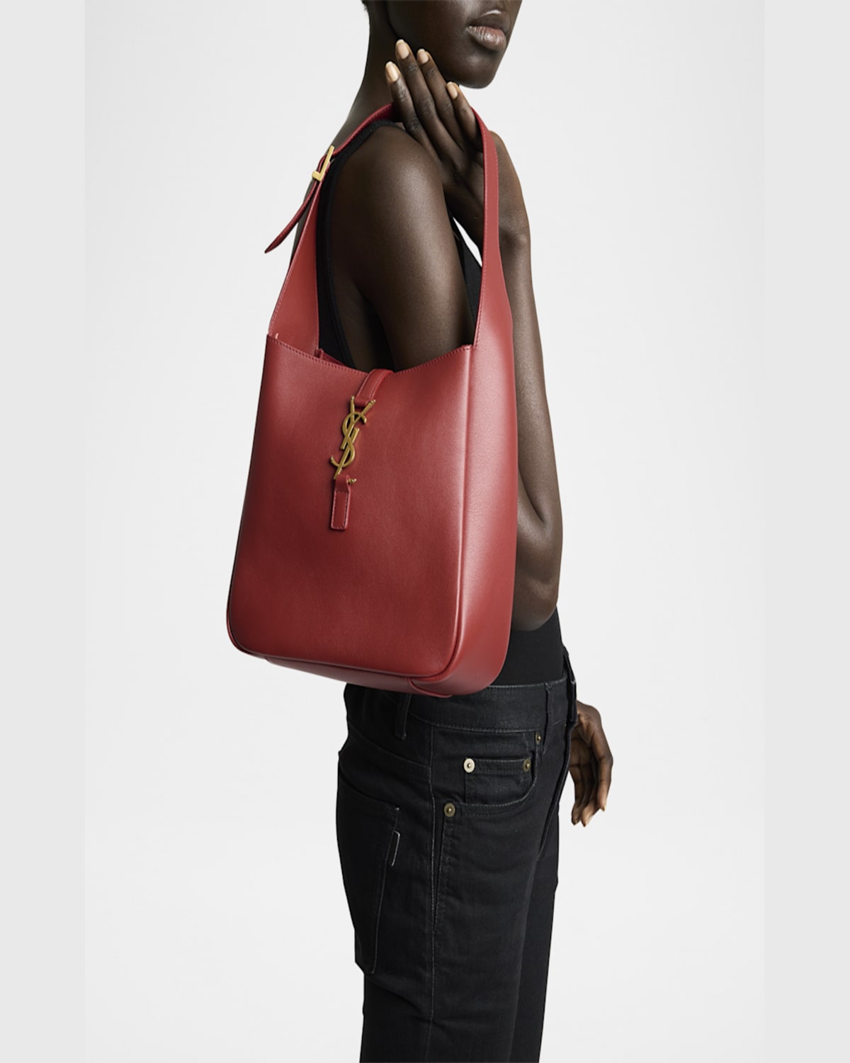 Saint Laurent Le 5 A 7 Ysl Small Hobo In Smooth Supple Leather In Red Danger