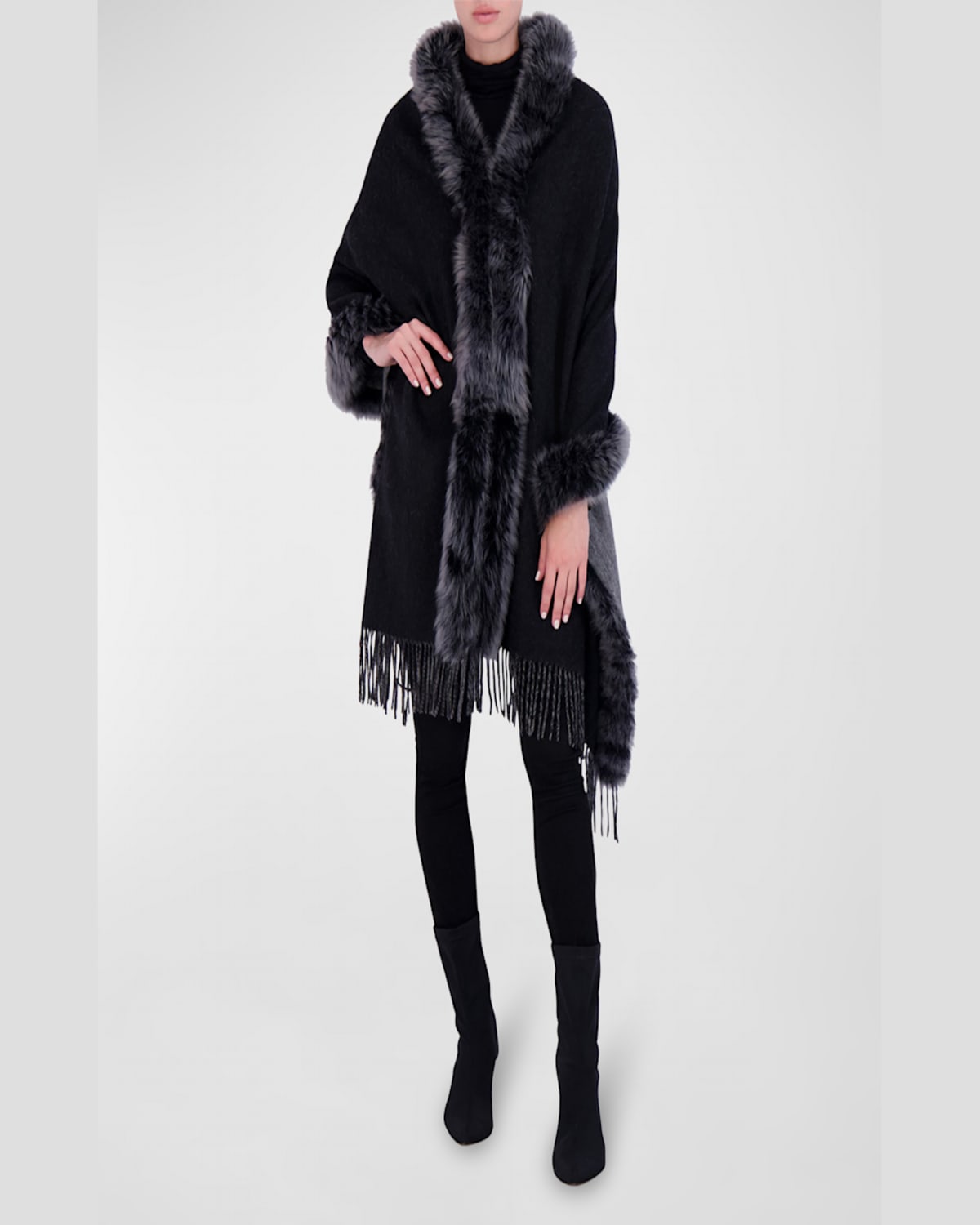 Gorski Toscana Lamb Shearling-trim Fringe Cashmere Stole In Black / Gray