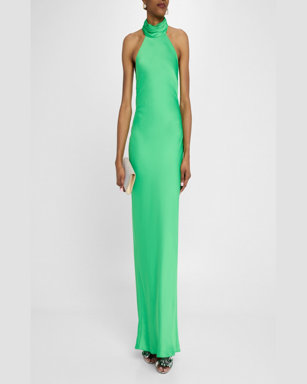 Shop Ramy Brook Tatiana Low-cut Halter Column Gown In Tropic Green