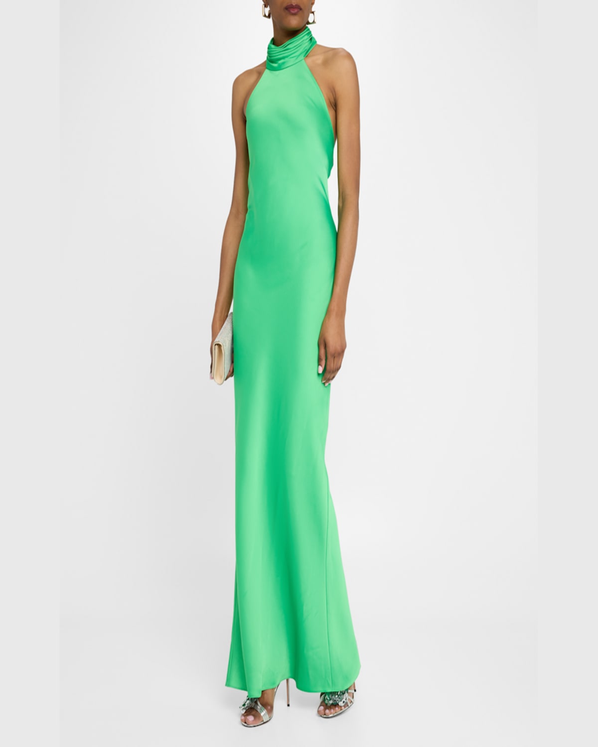 Shop Ramy Brook Tatiana Low-cut Halter Column Gown In Tropic Green