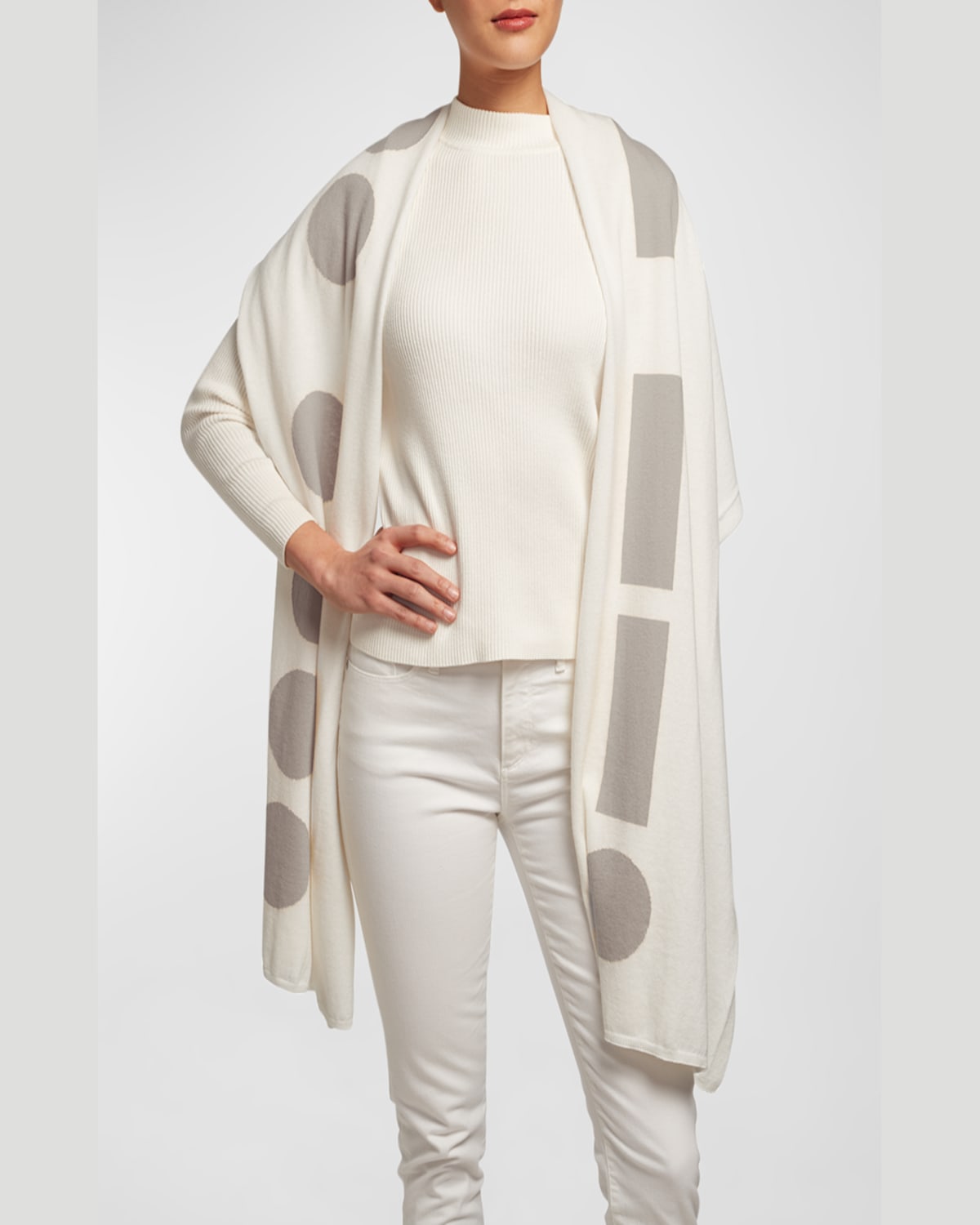 Elyse Maguire Morse Code Hug Knit Merino Wool-blend Wrap In Ivory/silver Cloud