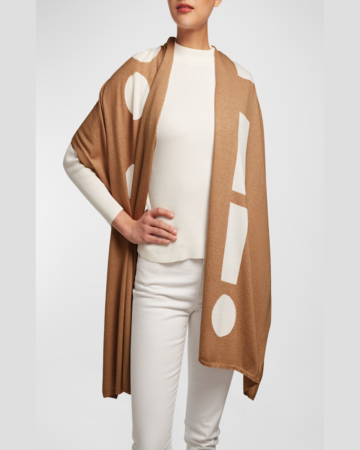 Elyse Maguire Morse Code Hug Knit Merino Wool-blend Wrap In Camel/ivory
