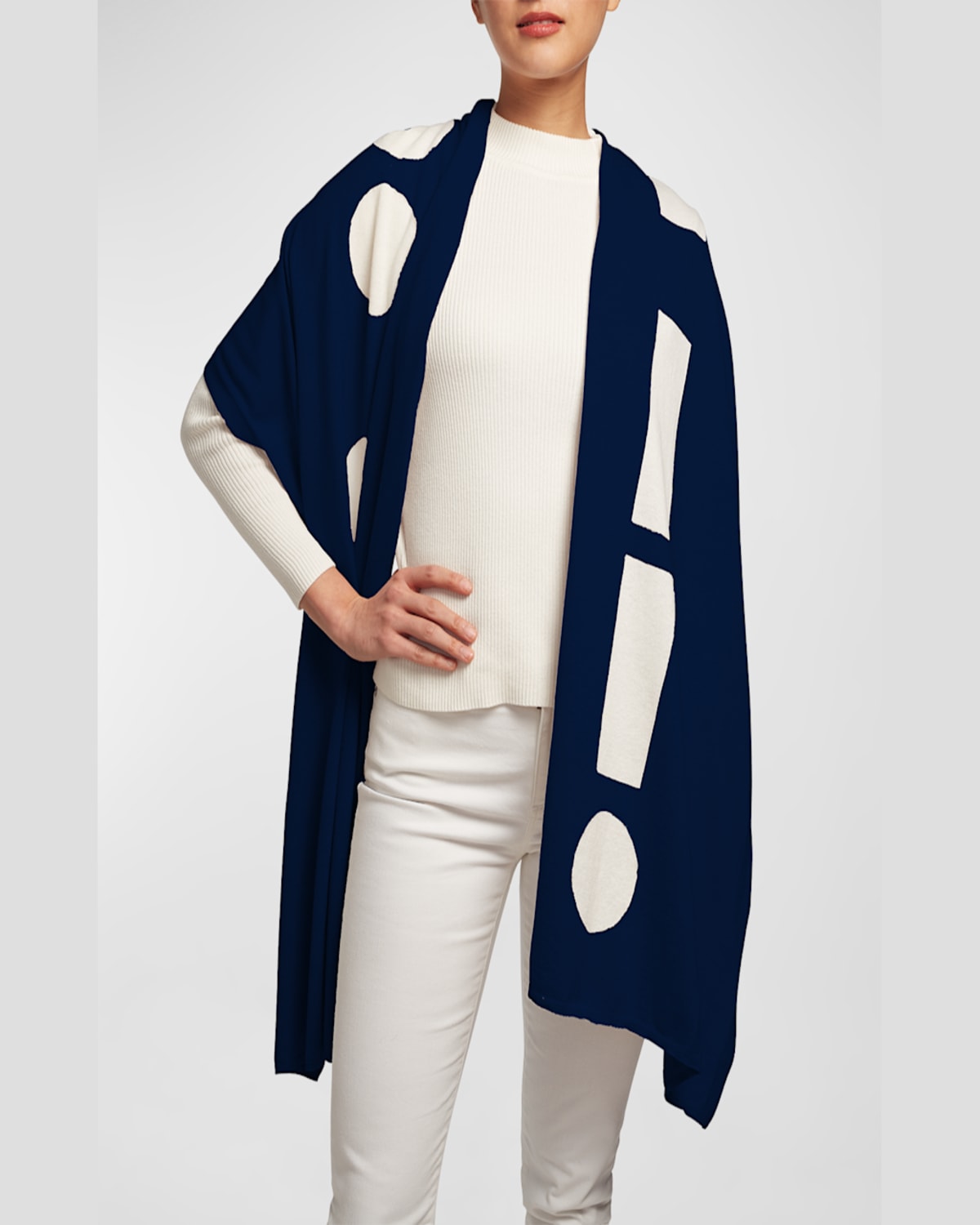 Elyse Maguire Morse Code Hug Knit Merino Wool-blend Wrap In Navy/ivory