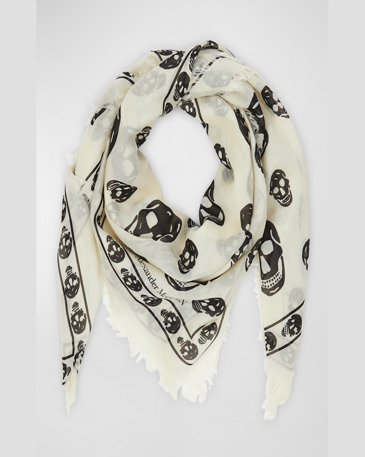 Alexander Mcqueen Skull Printed Frayed-edge Scarf In Black Ivory