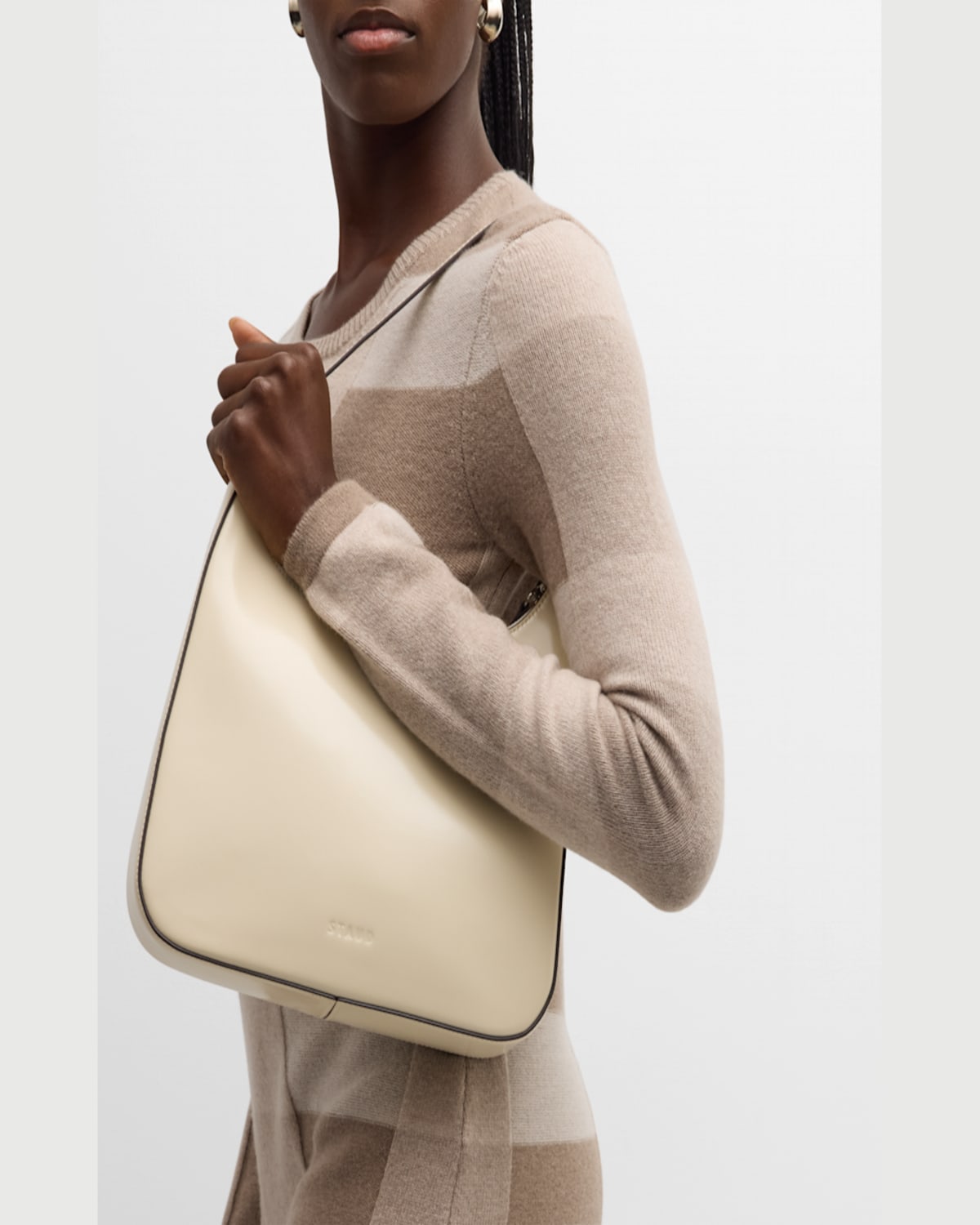 Staud Alec Zip Leather Shoulder Bag In Cream Contrast