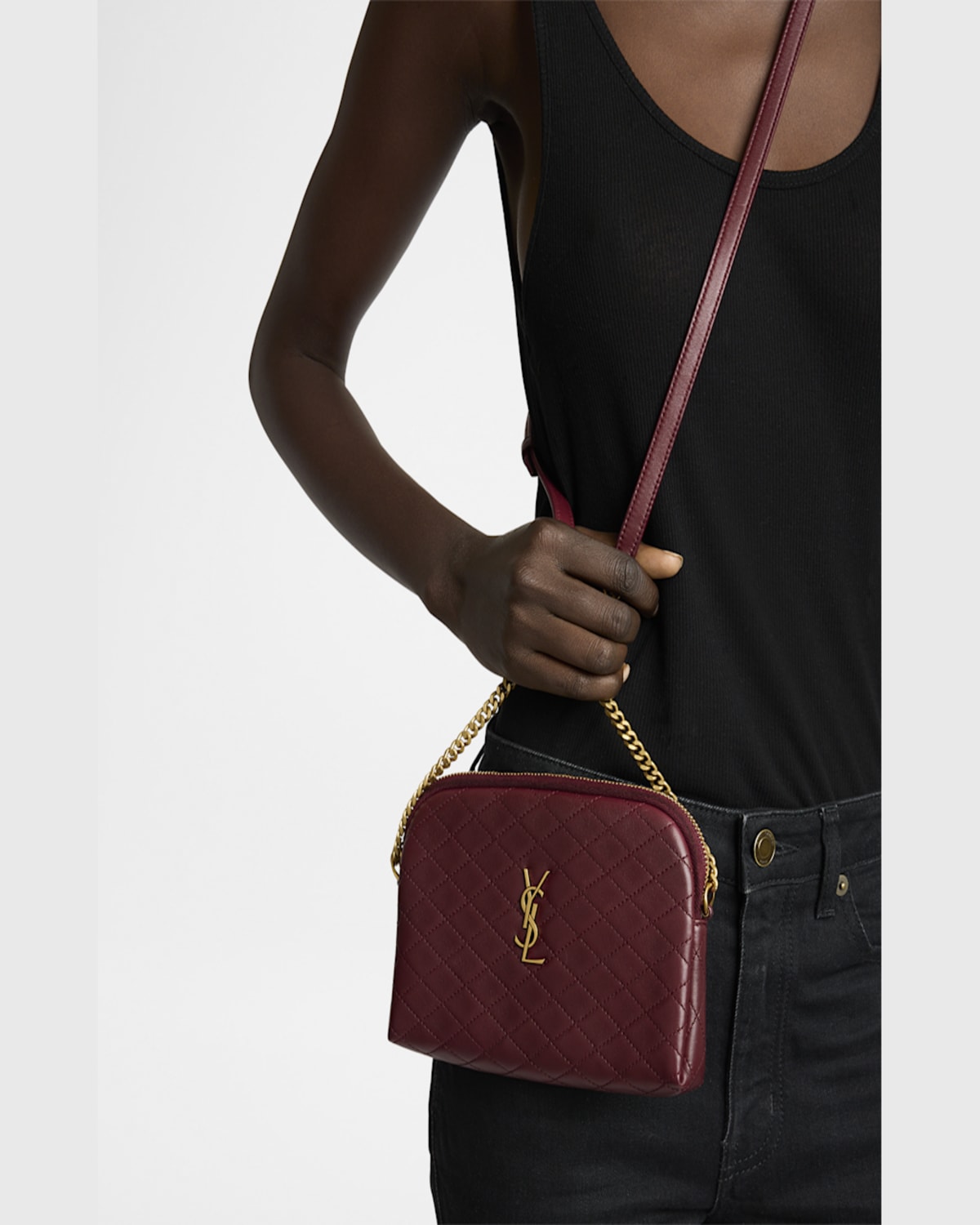 Saint Laurent Gaby Mini Ysl Crossbody Bag In Quilted Leather In Rouge Cabernet