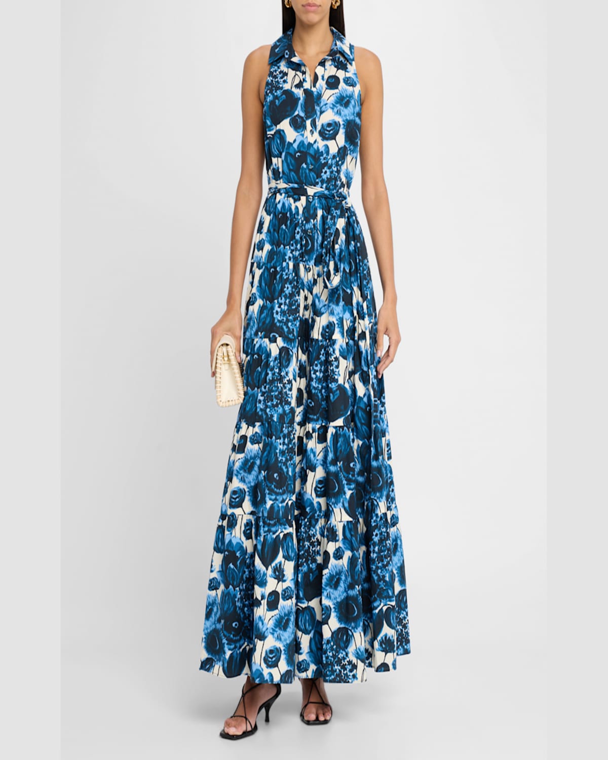Cara Cara Adriana Floral Poplin Sleeveless Maxi Shirtdress In Flora Grove Blue