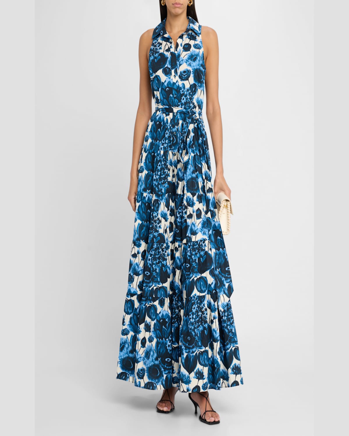 Cara Cara Adriana Floral Poplin Sleeveless Maxi Shirtdress In Flora Grove Blue