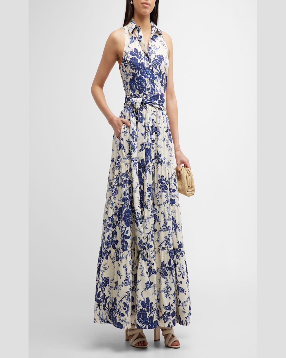 Cara Cara Adriana Floral Poplin Sleeveless Maxi Shirtdress In Flora Grove Blue