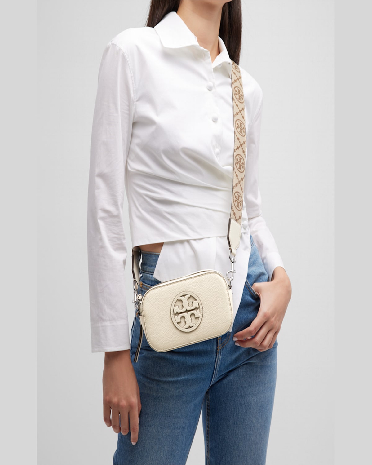 Tory Burch Beige Bag With Embossed Logo And Shoulder Strap In Fresh Clay