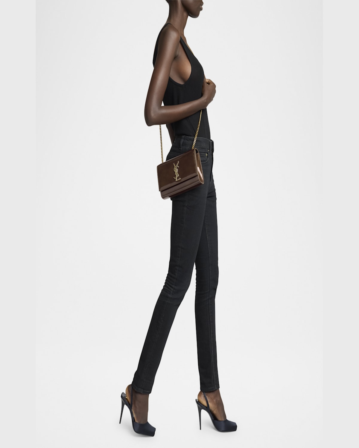 Saint Laurent Kate Small Ysl Crossbody Bag In Patent Leather In Chataigne