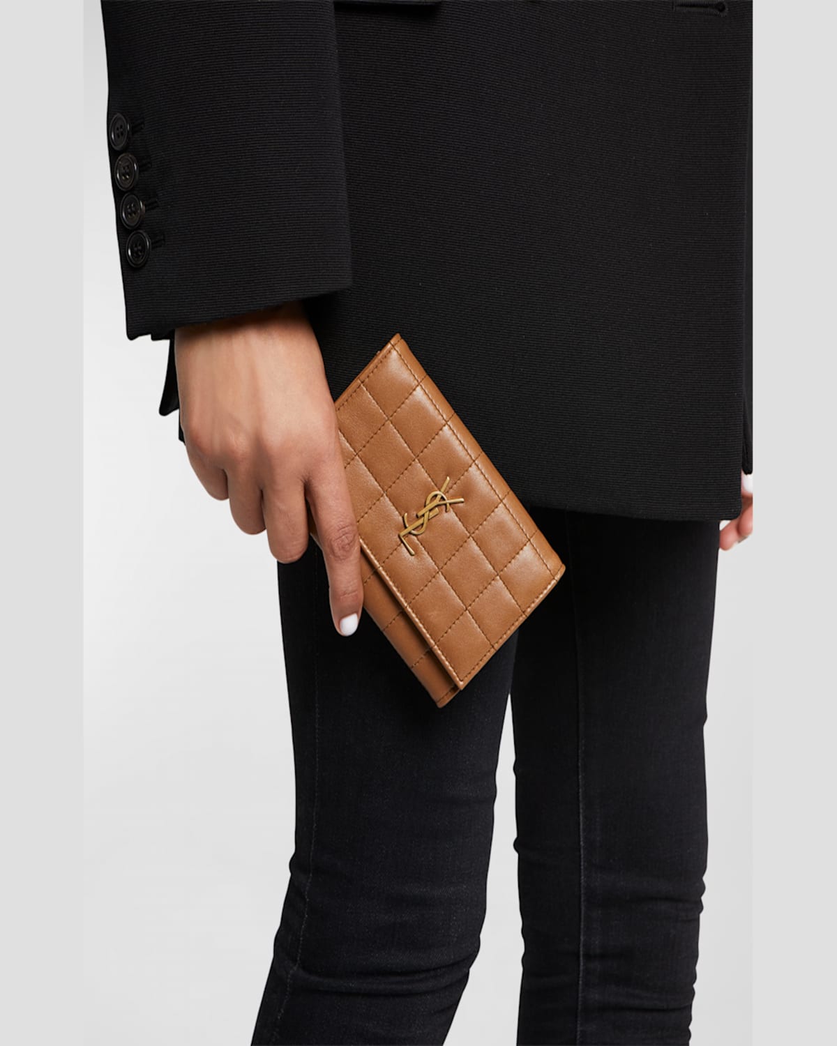 Saint Laurent Ysl Monogram Flap Small Wallet In Quilted Smooth Leather In Dark Toffee