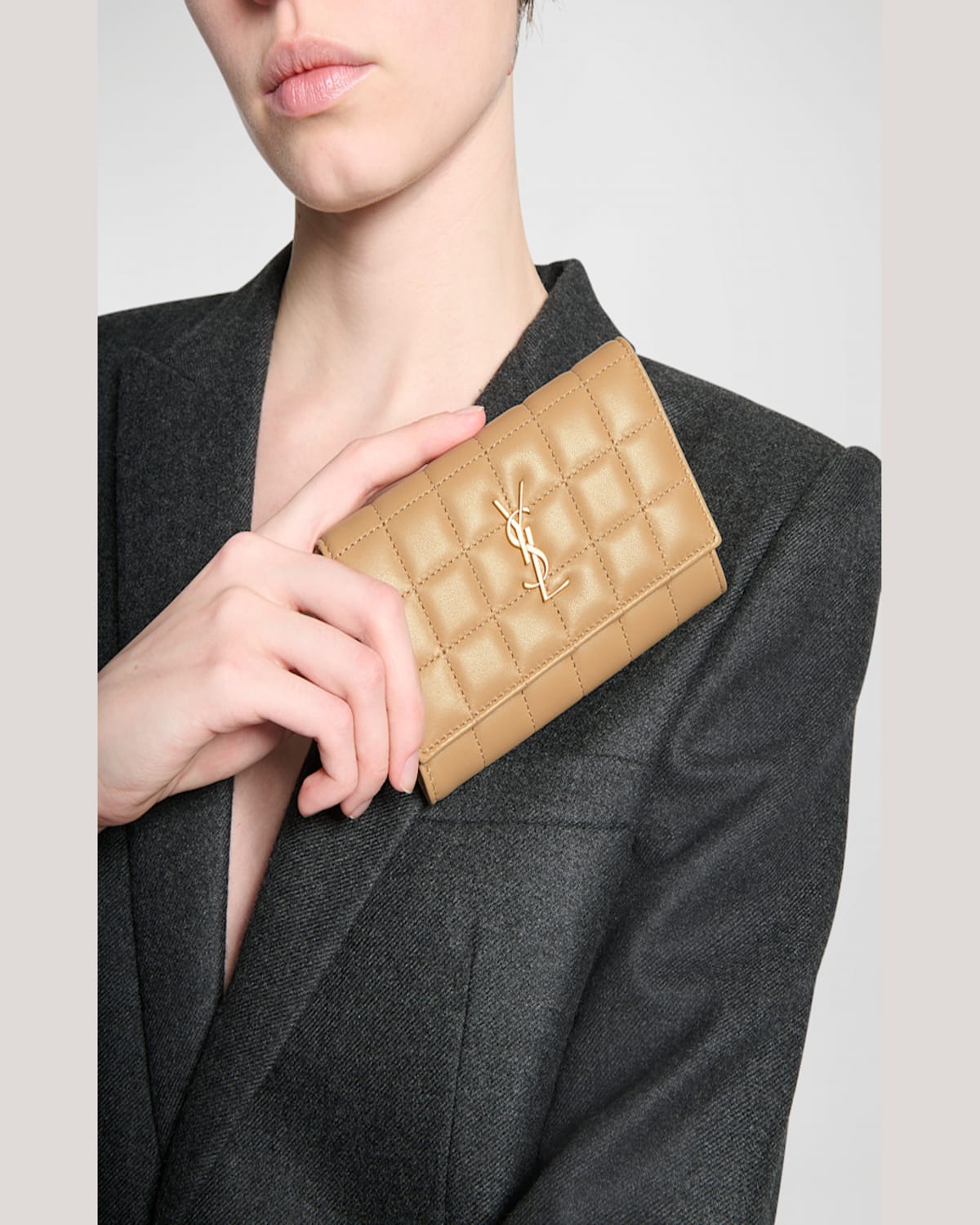 Saint Laurent Ysl Monogram Flap Small Wallet In Quilted Smooth Leather In Dark Toffee