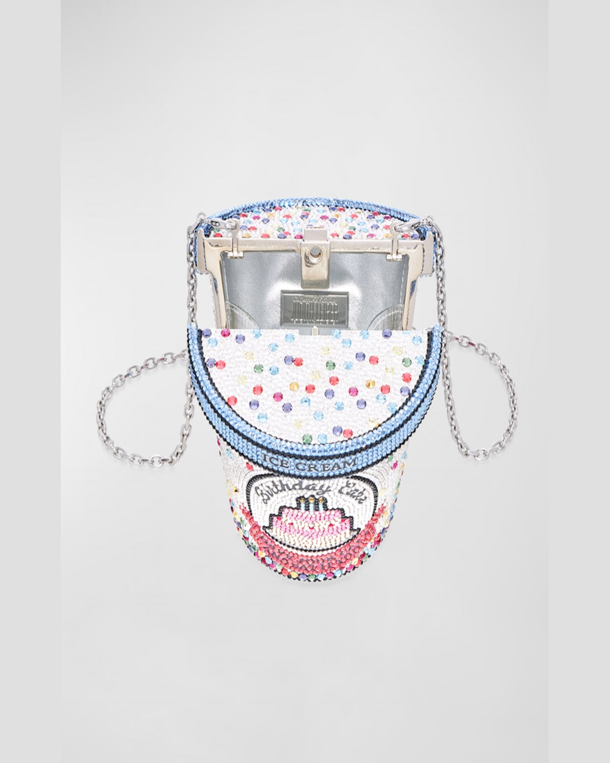 Judith Leiber Ice Cream Pint Crystal Minaudiere In Silver Rhine Multi