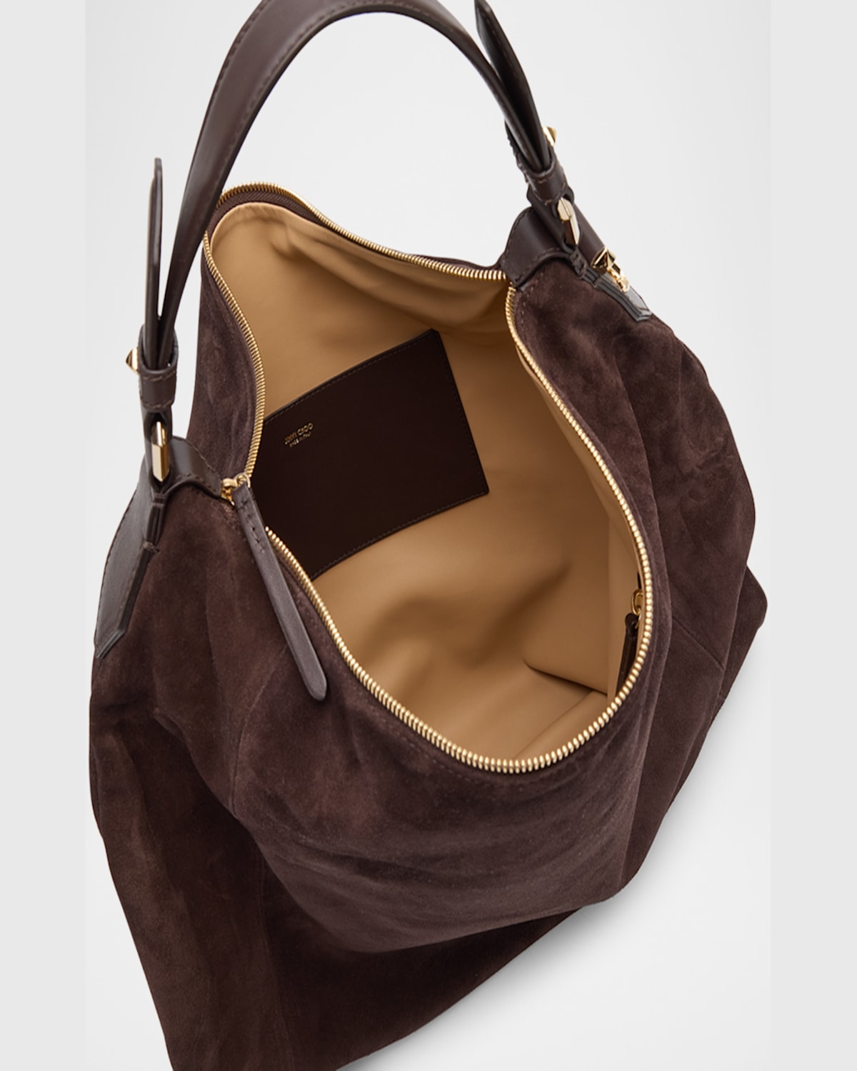 Jimmy Choo Ana Zip Suede Hobo Bag In Coffee Light Gold