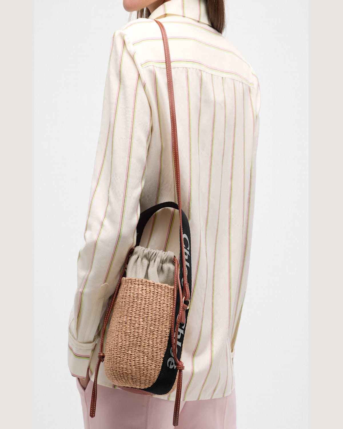 CHLOÉ WOODY SMALL MIFUKO BASKET BAG WITH LOGO WEBBING
