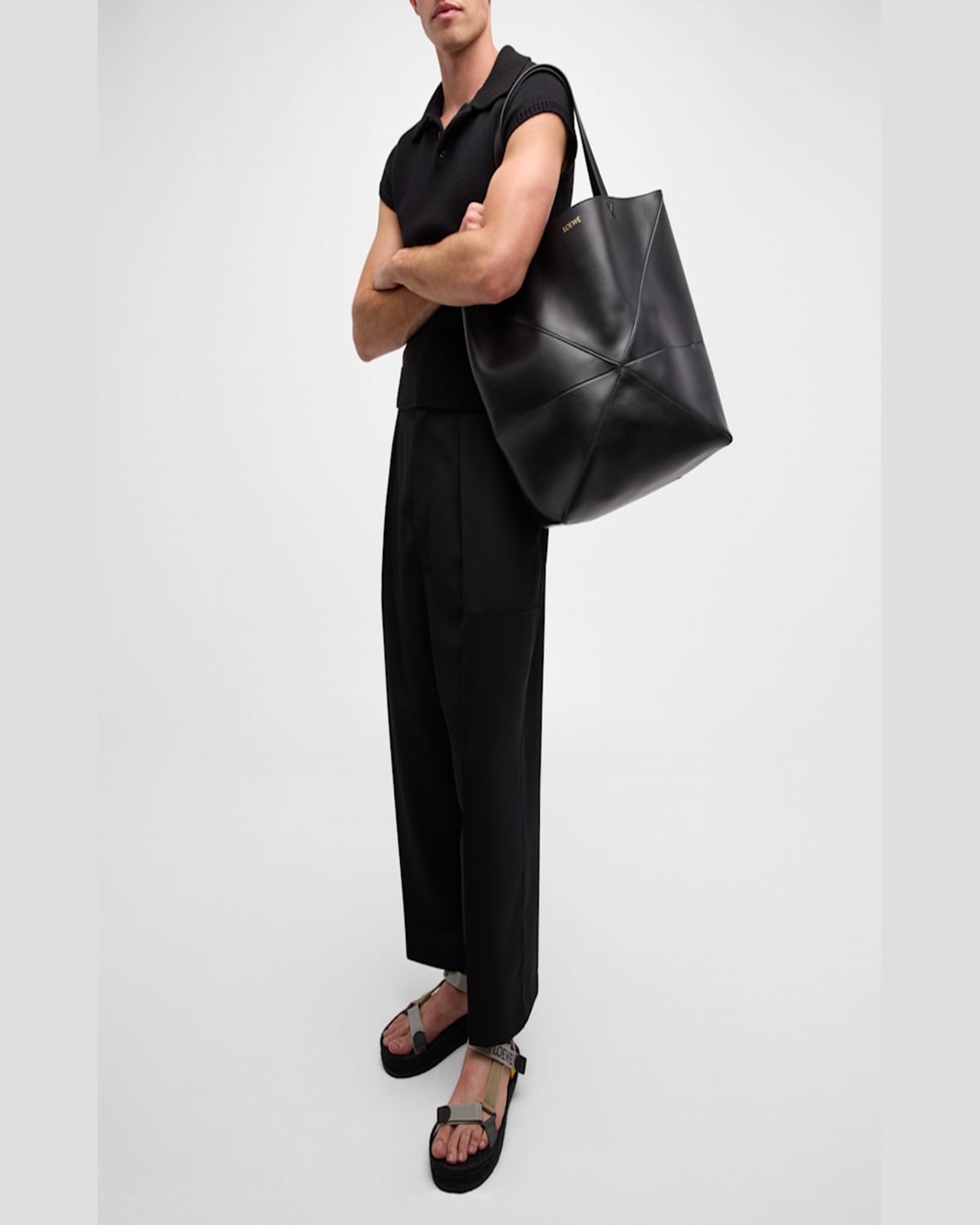 Loewe Puzzle Fold Large Tote Bag In Shiny Leather In Umber