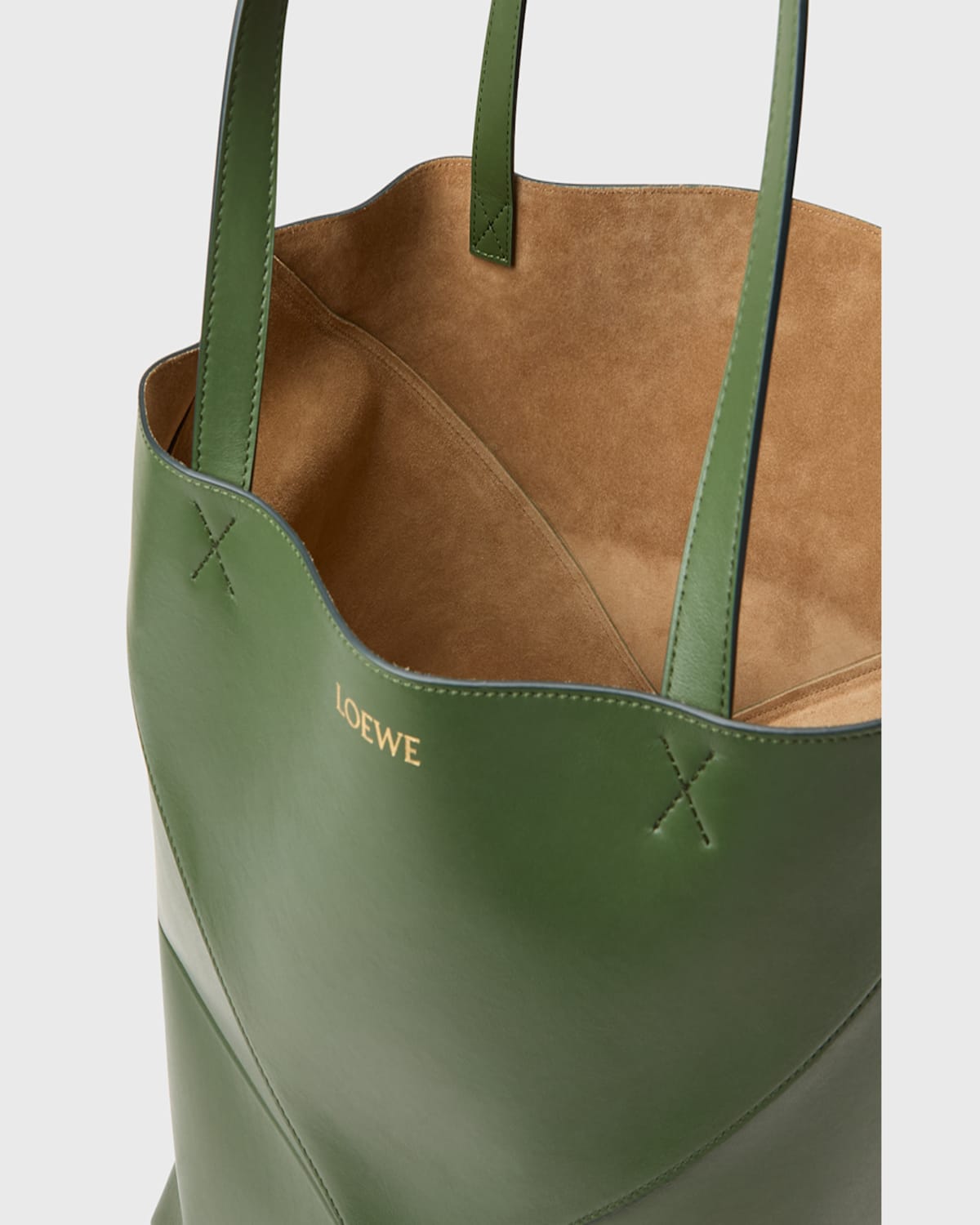 Loewe Puzzle Fold Large Tote Bag In Shiny Leather In Umber