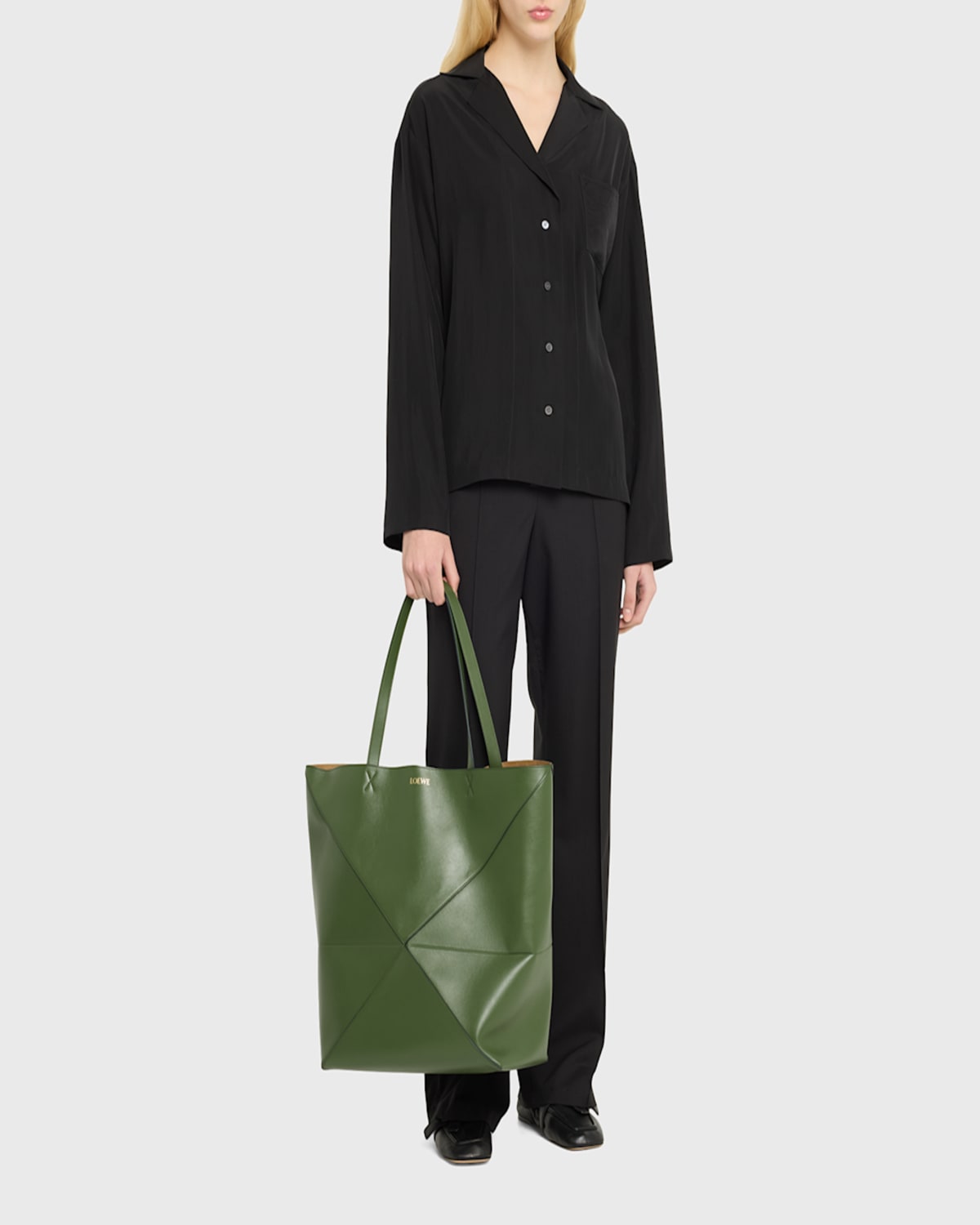 Loewe Puzzle Fold Large Tote Bag In Shiny Leather In Umber