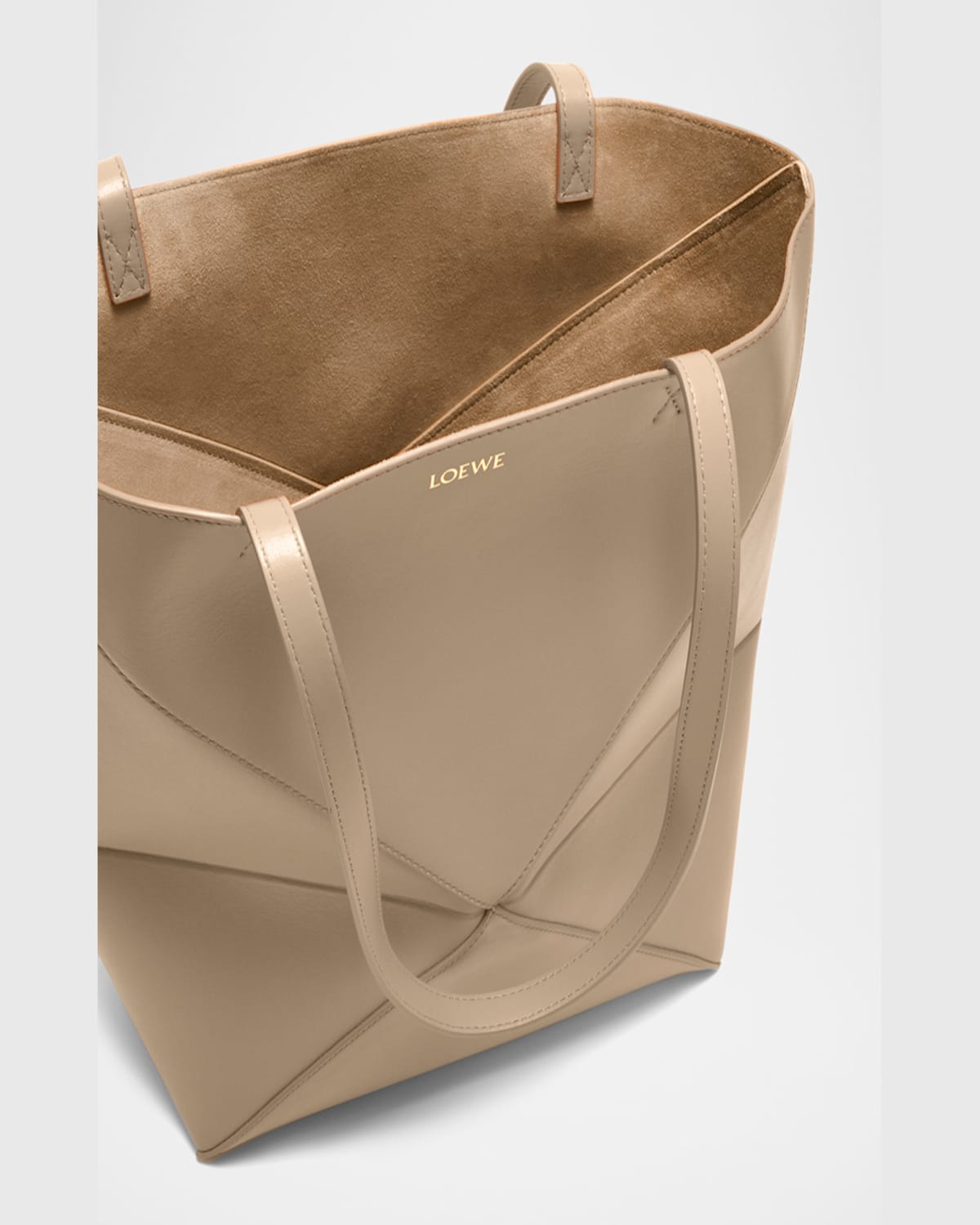Shop Loewe Puzzle Fold Medium Tote Bag In Shiny Leather In 2150 Sand