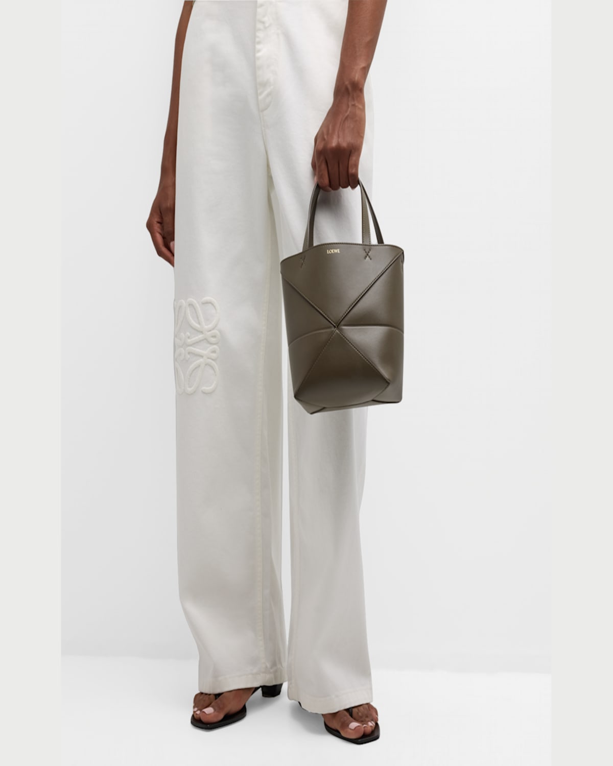 Shop Loewe Puzzle Fold Mini Tote Bag In Shiny Leather In Eucalyptus Green