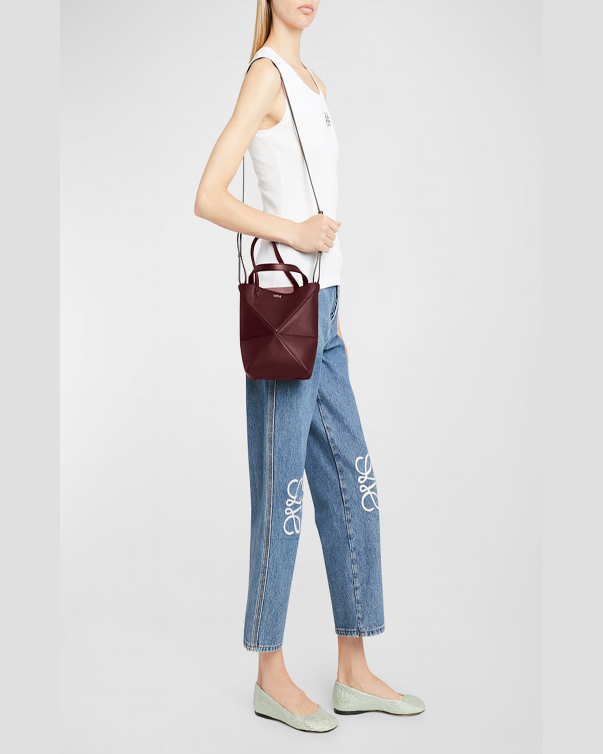 Loewe Puzzle Fold Medium Tote Bag In Shiny Leather In Dark Burgundy