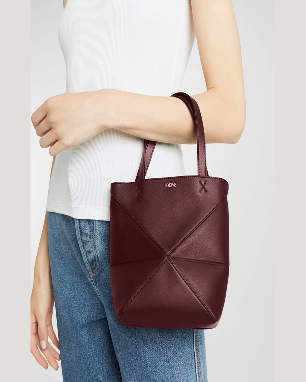 Loewe Puzzle Fold Medium Tote Bag In Shiny Leather In Dark Burgundy