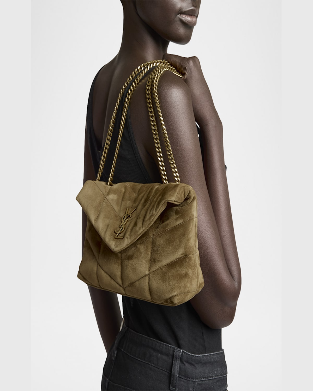 Saint Laurent Lou Puffer Toy Ysl Crossbody Bag In Quilted Suede In Golden Leaf