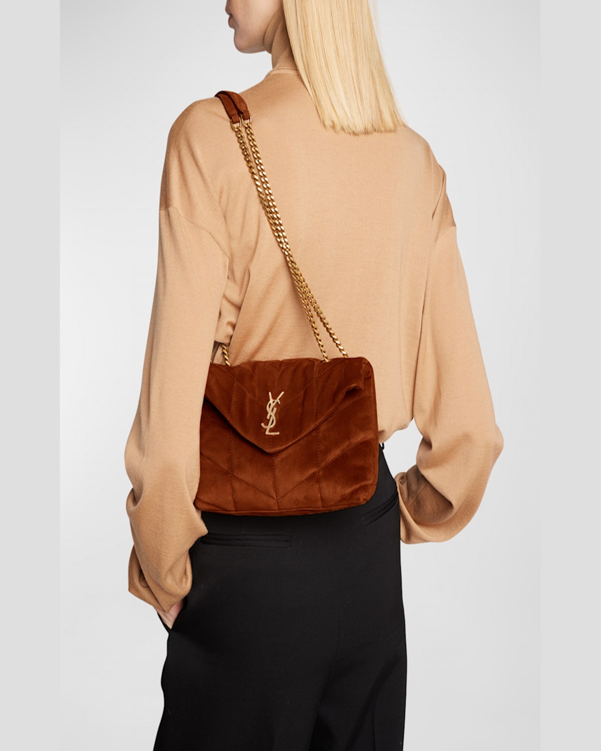 Saint Laurent Lou Puffer Toy Ysl Crossbody Bag In Quilted Suede In Golden Leaf