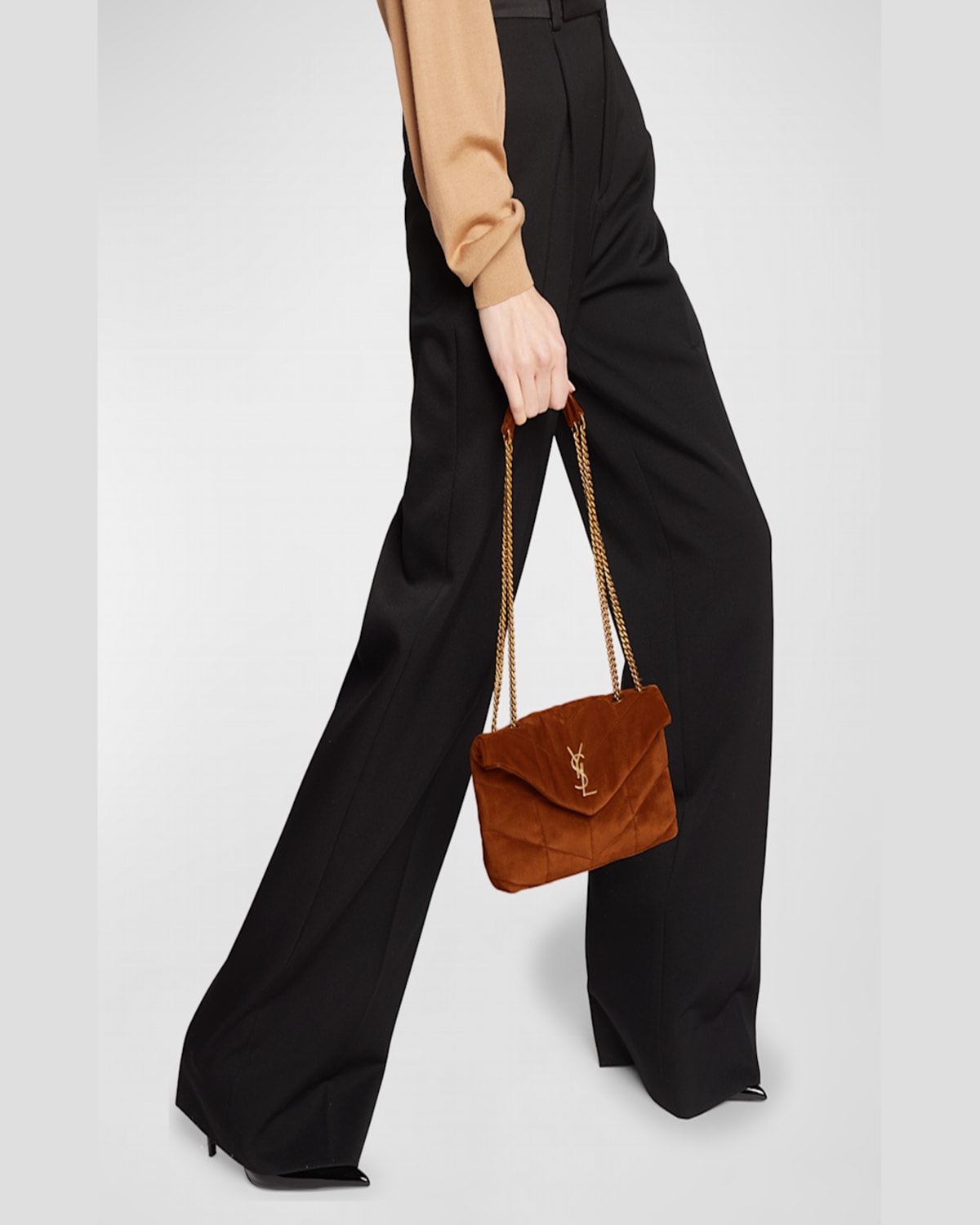 Saint Laurent Lou Puffer Toy Ysl Crossbody Bag In Quilted Suede In Golden Leaf